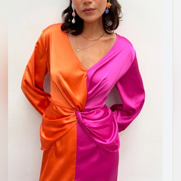 New Never Fully Dressed Orange and Magenta Satin Dress Size US 12 - Picture 2 of 13